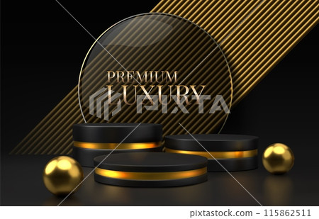 Product podium. Gold, black 3d luxury display, dark award platform stand or stage, golden pillar scene. Product promotion minimalistic advertising background. Vector minimal render pedestal Product podium. Gold, black 3d luxury display, dark award platform stand or stage, golden pillar scene. Product promotion minimalistic advertising background. Vector minimal render pedestal 115862511