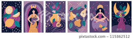 Cute flower posters. Abstract doodle bouquet with lemon and pineapple. Relaxing woman. Invitation flyer or cover with papaya and pear. Tropical leaves in vase. Vector mystic cards set Cute flower posters. Abstract doodle bouquet with lemon and pineapple. Relaxing woman. Invitation flyer or cover with papaya and pear. Tropical leaves in vase. Vector mystic cards set 115862512