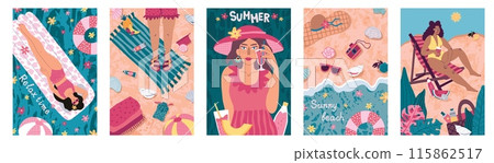 Summer postcards. Sea beach. Seaside relax. Art woman with watermelon on holiday vacation. Swimming pool sale poster. Seashore waves. Cute girl in bikini. Vector abstract banners set 115862517