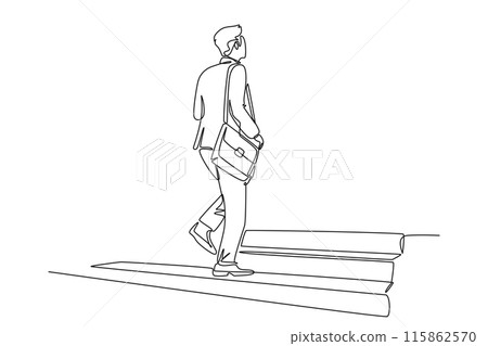 Continuous one line drawing back view of young male manager walking relax on city street to go to the office while holding document. Urban commuter worker. Single line draw design vector illustration 115862570