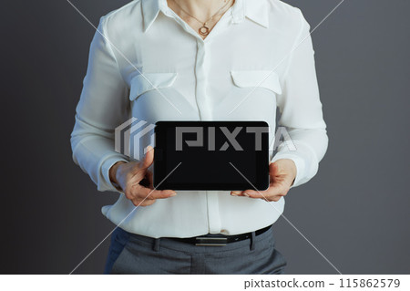 Stylish business owner woman showing tablet PC against gray Stylish business owner woman showing tablet PC against gray 115862579