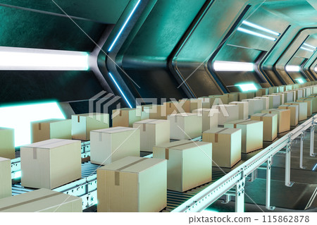 3D rendering of carton boxes on conveyor system in modern factory 115862878