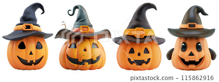 Set of isolated cute 3d rendering doll model of Halloween decorations on transparent background. 4 styles of jack o'lantern wearing a wizard hat in black and orange color tone. 115862916