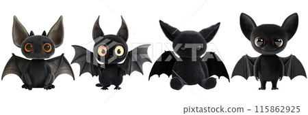 Set of isolated cute 3d rendering hat model of Halloween decorations on transparent background. 4 styles of bats in black color tone. Set of isolated cute 3d rendering hat model of Halloween decorations on transparent background. 4 styles of bats in black color tone. 115862925