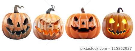 Set of isolated cute 3d rendering doll model of Halloween decorations on transparent background. 4 styles of smiling pumpkins, jack o'lantern. Set of isolated cute 3d rendering doll model of Halloween decorations on transparent background. 4 styles of smiling pumpkins, jack o'lantern. 115862927