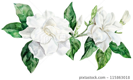 A beautiful white gardenia flower and branch in watercolor painting style on a transparent background. Isolated of botanical flowers and leaves for decoration elements in vivid colors. 115863018