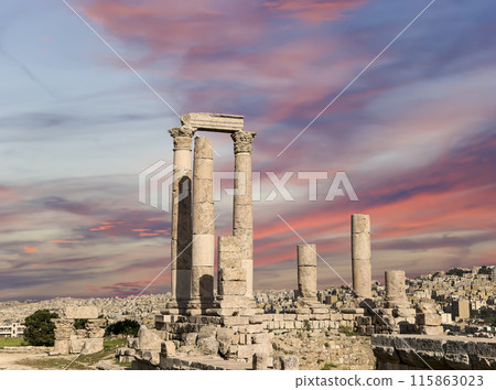 Amman city landmarks-- old roman Citadel Hill, Jordan. Against the background of a beautiful sky with clouds 115863023