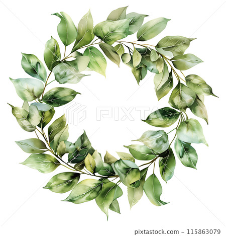 Isolated wreath in watercolor painting style on a transparent background in green color tone, volume 2. Isolated wreath in watercolor painting style on a transparent background in green color tone, volume 2. 115863079