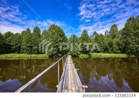 Colorful landscape with a wooden bridge over the river Colorful landscape with a wooden bridge over the river 115863154