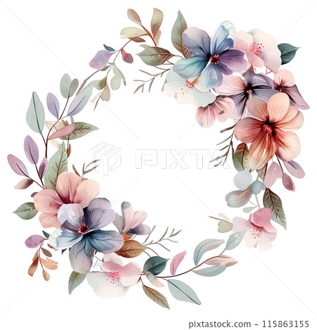 Isolated wreath in watercolor painting style on a transparent background in colorful pastel color tone. 115863155