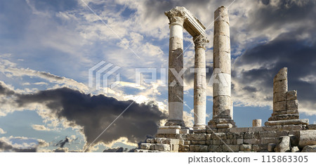 Amman city landmarks-- old roman Citadel Hill, Jordan. Against the background of a beautiful sky with clouds 115863305