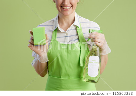 Smiling woman in green apron and rubber gloves isolated on green Smiling woman in green apron and rubber gloves isolated on green 115863358