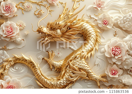 Golden dragon sculpture, intricate carving, symbolic, Asian culture, mythical creature, Chinese dragon, art, detailed design, elegant, ornate, cultural art concept 115863536