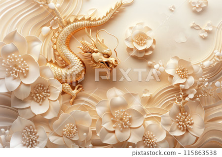 Golden dragon sculpture, intricate carving, symbolic, Asian culture, mythical creature, Chinese dragon, art, detailed design, elegant, ornate, cultural art concept 115863538