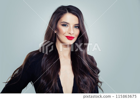 Smiling young adult model woman with long healthy hairstyle, fresh shiny clear skin Smiling young adult model woman with long healthy hairstyle, fresh shiny clear skin 115863675