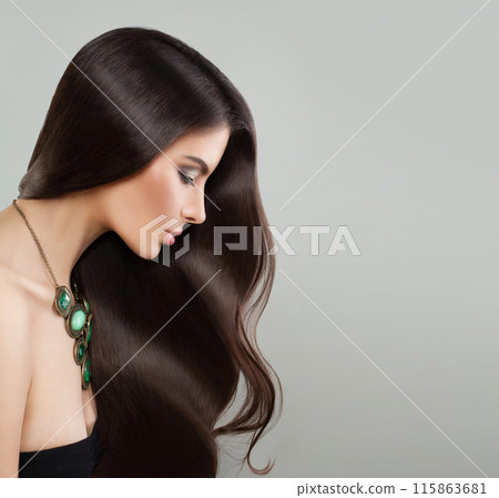 Profile of young adult model woman with long healthy hairstyle, fresh shiny clear skin Profile of young adult model woman with long healthy hairstyle, fresh shiny clear skin 115863681