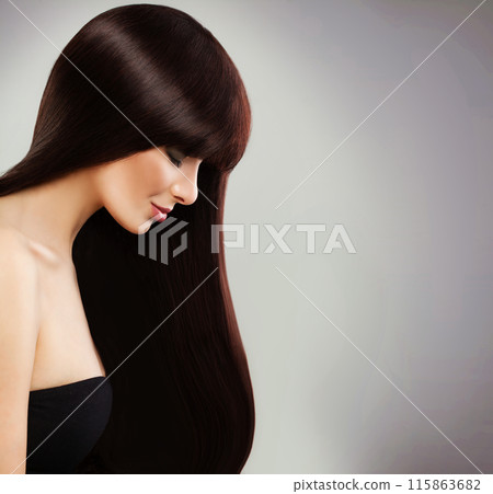 Attractive young model woman with long healthy dark straight smooth hair Attractive young model woman with long healthy dark straight smooth hair 115863682