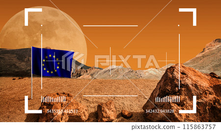 Strange planet landscape. European Union flag on red cosmic ground. Photo with NASA element 115863757