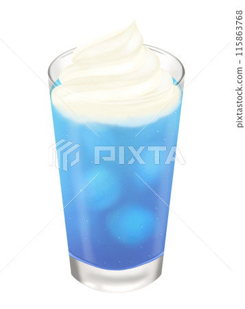 Blue cream soda in a glass topped with whipped cream 115863768