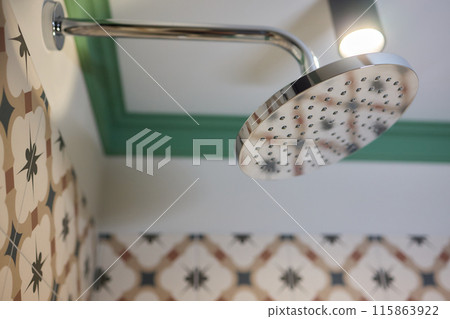 Contemporary stainless steel showerhead in a bathroom, featuring modern design and function Contemporary stainless steel showerhead in a bathroom, featuring modern design and function 115863922