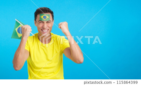 Passionate brazilian supporter screaming and waving a national flag 115864399