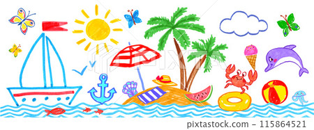Child drawing of summer vacation art and objects 115864521