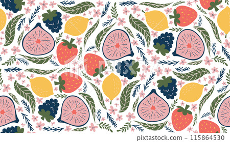 Whimsical seamless pattern featuring illustrations of blackberries, lemons, halved figs, red strawberries, pink flowers, and green leaves, arranged in a kaleidoscope-like design. Modern, organic 115864530