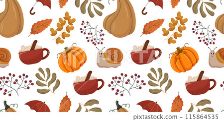 Seamless autumn pattern, cozy elements such as orange pumpkins, cinnamon spiced hot beverages in red mugs, fall leaves, berries, and a cute snail. Warm seasonal motif for textiles and decorations. 115864535
