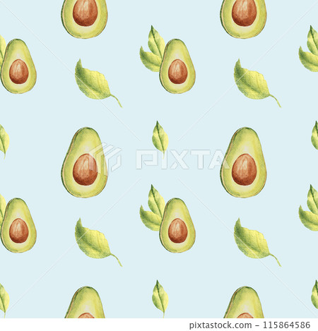 Watercolor Seamless Pattern of ripe avocado halves and leaves on a light blue background. Can be used for kitchen textile prints, product packaging design. 115864586