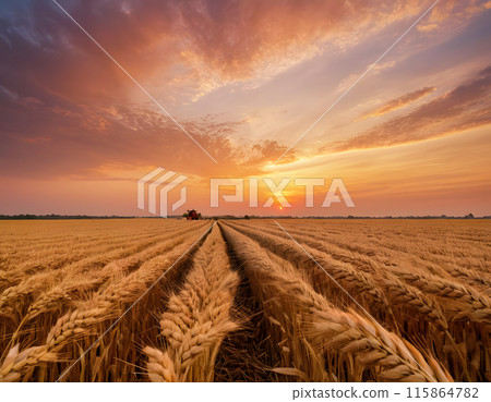 Harvesting wheat by combine at sunset 115864782