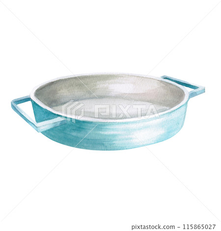 Ceramic baking dish in watercolor illustration on a white background. Hand-drawn illustration for kitchenware stores, invitations, cooking class announcements, magazines Ceramic baking dish in watercolor illustration on a white background. Hand-drawn illustration for kitchenware stores, invitations, cooking class announcements, magazines 115865027