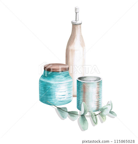 Set of kitchen jars, oil bottle and eucalyptus branch in watercolor illustration on a white background. Hand-drawn illustration for invitations, announcements of culinary master classes, magazines. Set of kitchen jars, oil bottle and eucalyptus branch in watercolor illustration on a white background. Hand-drawn illustration for invitations, announcements of culinary master classes, magazines. 115865028