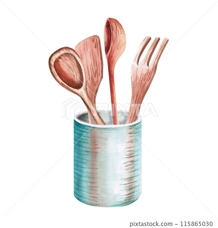 Set of kitchen wooden spoons, spatulas in watercolor illustration on a white background. Hand-drawn illustration for invitations, announcements of culinary master classes, magazines Set of kitchen wooden spoons, spatulas in watercolor illustration on a white background. Hand-drawn illustration for invitations, announcements of culinary master classes, magazines 115865030