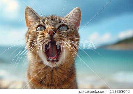 An orange cat yawing at the beach An orange cat yawing at the beach 115865043