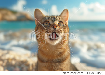 An orange cat yawing at the beach An orange cat yawing at the beach 115865053
