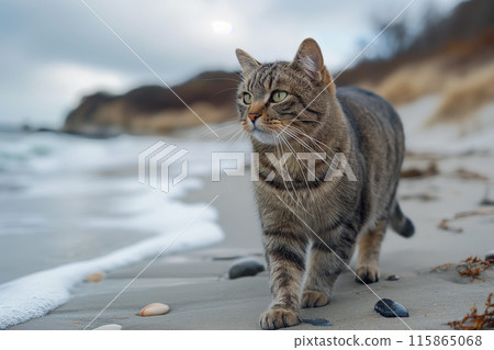 A cat walking at the beach with beautiful sunset, peaceful day 115865068