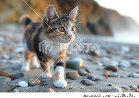 A young calico cat exploring a pebble covered beach during daylight. 115865085