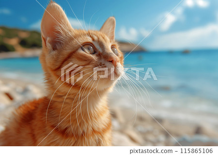 Orange kitten watching upwards on a sunny beach backdrop. Orange kitten watching upwards on a sunny beach backdrop. 115865106