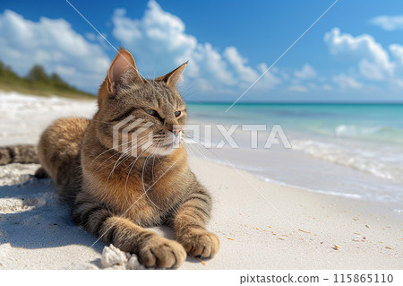 A cat at the beach relaxing sitting on sand on a sunny beautiful day A cat at the beach relaxing sitting on sand on a sunny beautiful day 115865110