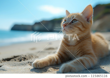 A cat at the beach relaxing sitting on sand on a sunny beautiful day 115865116