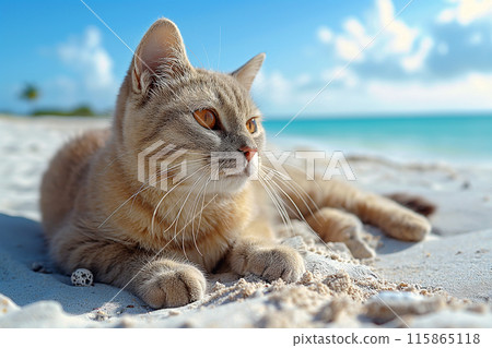 A cat at the beach relaxing sitting on sand on a sunny beautiful day 115865118
