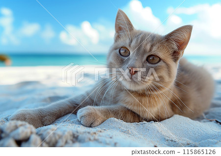 A cat at the beach relaxing sitting on sand on a sunny beautiful day A cat at the beach relaxing sitting on sand on a sunny beautiful day 115865126