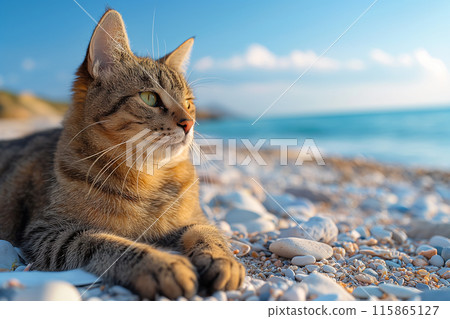 A cat on a pebble beach on sunny day A cat on a pebble beach on sunny day 115865127