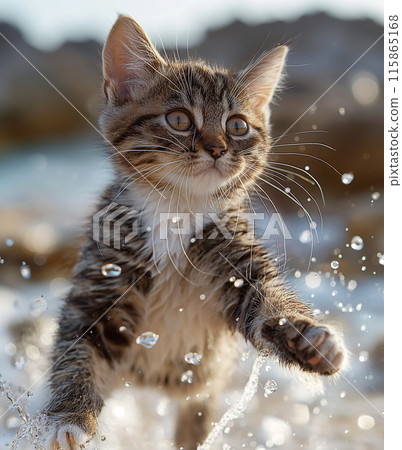 A cat walking at the beach with beautiful sunset, peaceful day 115865168