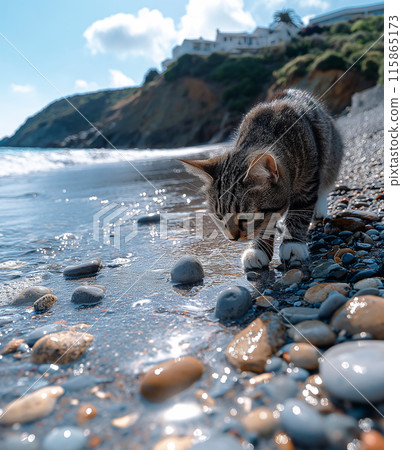 A cat on a pebble beach on sunny day 115865173