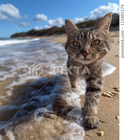 A cat walking at the beach with beautiful sunset, peaceful day 115865174