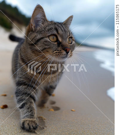 A cat walking at the beach with beautiful sunset, peaceful day A cat walking at the beach with beautiful sunset, peaceful day 115865175