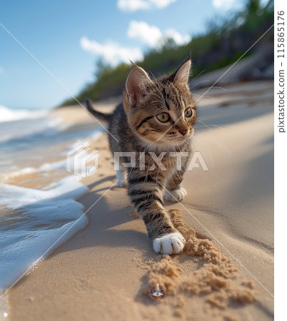 A cat walking at the beach with beautiful sunset, peaceful day A cat walking at the beach with beautiful sunset, peaceful day 115865176