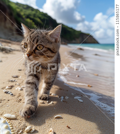 A cat walking at the beach with beautiful sunset, peaceful day A cat walking at the beach with beautiful sunset, peaceful day 115865177