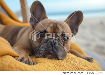 A French Bulldog relaxing on the beach during sunset A French Bulldog relaxing on the beach during sunset 115865178
